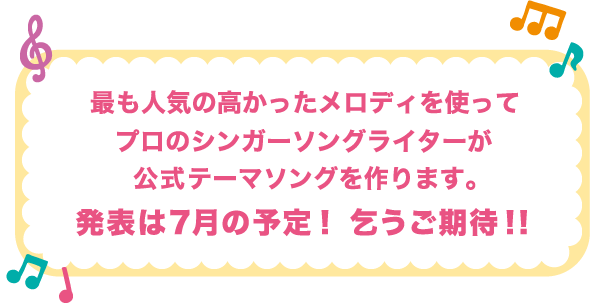 最も人気の高かったメロディを使ってプロのシンガーソングライターが公式テーマソングを作ります。発表は7月の予定！乞うご期待!!