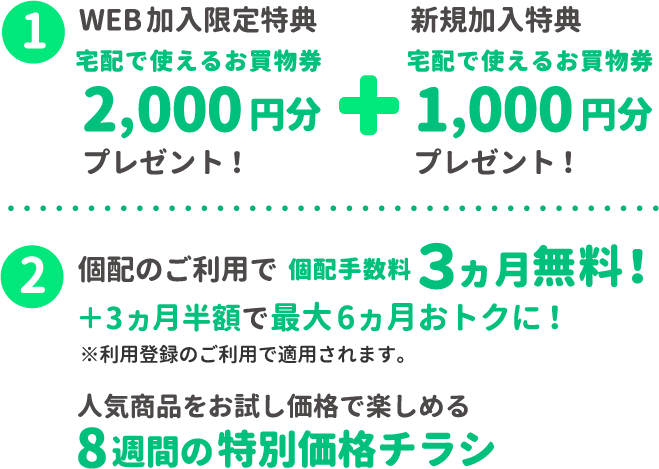 宅配で使えるお買物券プレゼント！1 WEB加入限定特典 2,000円分2 新規加入特典 1,000円分